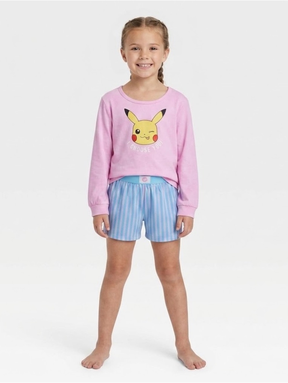 Pokemon Pink Pikachu Long-Sleeve Top with Blue Striped Shorts